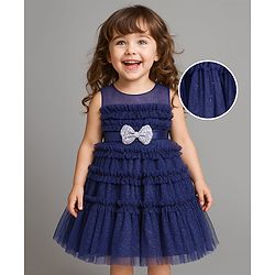 Babyhug Woven Puffed Sleeves Fit & Flared Sequined Ruffled Party Frock with Floral Applique - Wine