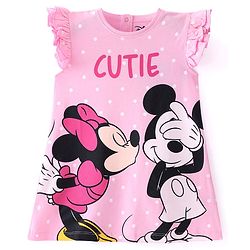 Babyhug Disney Cotton Frill Sleeves Nighty with Minnie & Mickey Graphic-Pink