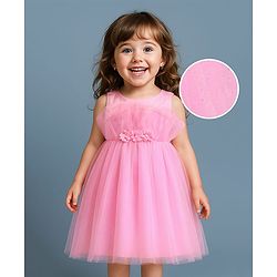 Babyhug Woven Sleeveless Mesh Shimmered Party Frock with Floral Corsage - Pink