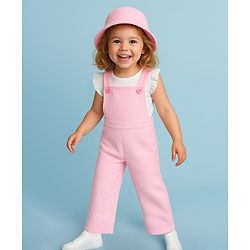 Babyhug Woven Frill Sleeves Solid Colour Top & Corduroy Dungaree with Hat - Pink & White