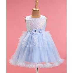 Babyhug Woven Sleeveless Sequined Fit & Flared Party Frock with Bow Applique & Frill Detailing - Sky Blue