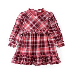 Babyhug Woven Full Sleeves Checkred Frock with Frill Detailing - Pink