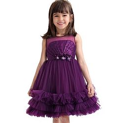 Babyhug Woven Sleeveless Fit and Flare Party Frock with Corsage & Frill Details At Hem - Wine