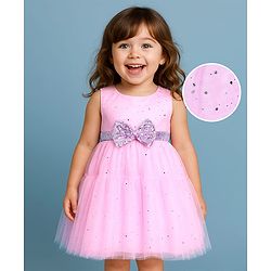 Babyhug Woven Sleeveless Foil Printed Fit & Flared Party Frock with Bow Applique - Pink