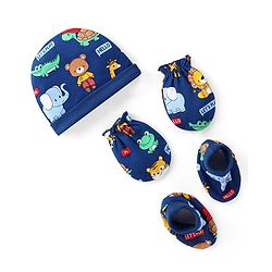 Babyhug 100% Cotton Interlock Knit Cap Mitten & Booties with Animal Print -Navy Blue