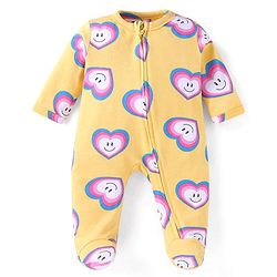 Babyhug Cotton Knit Full Sleeves Sleep Suit With Hearts Print - Mustard