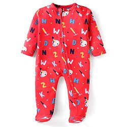 Babyhug Cotton Knit Full Sleeves Alphabet Printed Footed Front Open Sleep Suit - Red