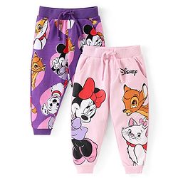 Babyhug Disney Cotton Knit Full Length Lounge Pants With Minnie Mouse & Friends Graphics Pack of 2 - Pink & Purple
