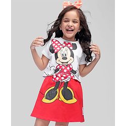 Babyhug Disney Cotton Knit Half Sleeves Top & Skirt Set With Mickey Mouse Graphics & Badge Detailing - Red & White