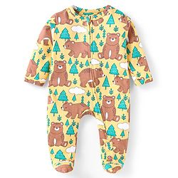Babyhug Cotton Knit Full Sleeves Sleep Suit With Bears Print - Mustard