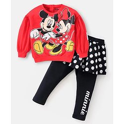 Babyhug Disney Cotton Knit Full Sleeves Sweatshirt & Skeggings Set With Minnie Mouse Graphics & Badge Detailing - Red & Black