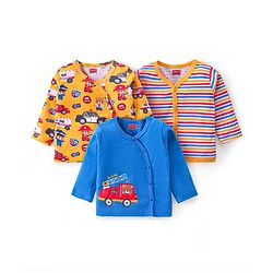 Babyhug 100% Cotton Knit Front Open Full Sleeves Jhablas with Striped Car & Bear Print Pack of 3 - Blue & Yellow