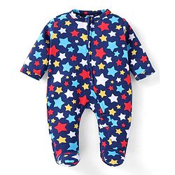 Babyhug Cotton Woven Full Sleeves Front Open Footed Sleepsuit with Star Print - Violet