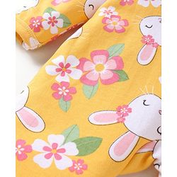 Babyhug Cotton Knit Full Sleeves Front Open Footed Sleep Suit with Floral & Bunny Print - Yellow
