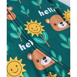 Babyhug Cotton Knit Full Sleeves Front Open Footed Sleepsuit with Bear & Floral Print - Dark Green