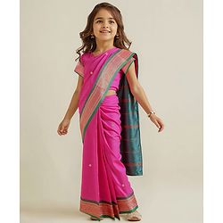 Babyhug Silk Woven Half Sleeves Blouse & Saree with Zari Border - Dark Pink