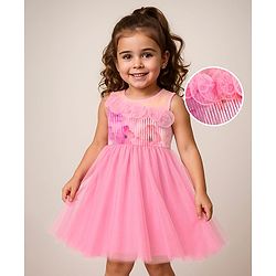 Babyhug Woven Sleeveless Fit & Flare Frock with Frills on Yoke Detailing - Pink