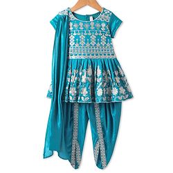 Babyhug Woven Half Sleeves Floral Embroidered Kurta & Dhoti Set with Dupatta - Teal Blue