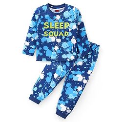Babyhug Cotton Knit Full Sleeves Night Suit with Abstract & Text Print - Navy Blue