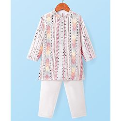 Babyhug Woven Full Sleeves Sequin Embroidered Sherwani Kurta Pyjama Set - Pink Yellow & White