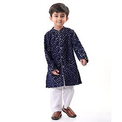 Babyhug Full Sleeves Sequenced Embroidered Sherwani Kurta & Pyjama Set - Navy Blue