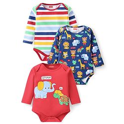 Babyhug 100% Cotton Knit Full Sleeves Striped Onesies Animal Print Pack of 3 - Navy Blue & Red