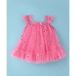 Babyhug Woven Sleeveless Foil Printed Fit And Flare Party Frock - Pink