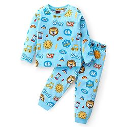 Babyhug Cotton Knit Full Sleeves Night Suit Lion Print- Sky Blue