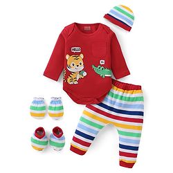 Babyhug 100% Cotton Knit Full Sleeves Onesies with Striped Leggings Cap Mittens & Booties Animal Print - Red
