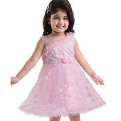 Babyhug Woven Sleeveless Fit & Flared Party Frock with Corsage Applique & Sequin Embroidery - Baby Pink
