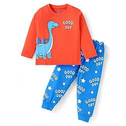 Babyhug Cotton Knit Full Sleeves Night Suit With Dino Print - Red & Blue