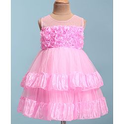 Babyhug Woven Sleeveless Fit & Flared Layered Textured Party Dress with Floral Applique - Pink