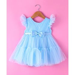 Babyhug Woven Sleeveless Fit & Flared Textured Foil Printed Party Dress with Floral Applique - Teal Blue main image 0