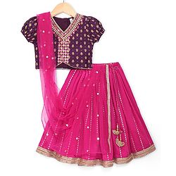 Babyhug Woven Short Sleeves Floral Printed Choli With Sequin Embroidered Lehenga & Dupatta Set - Fuschia