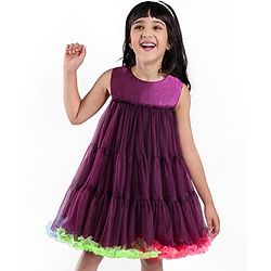 Babyhug Sleeveless Solid Colour A Line Tiered Mesh Party Frock with Frill Detailing - Wine