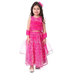 Babyhug Woven Sleeveless Sequin Embroidered Choli Lehenga Set with Dupatta & Frill Detailing - Fuschia