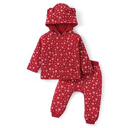 Babyhug Quilted Knit Full Sleeves Hooded T-Shirt & Pant Set with Snowflake Print & Applique - Red