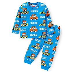 Babyhug Cotton Knit Full Sleeves Night Suit with Bear Speed Racer Print - Blue