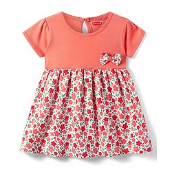 Babyhug Interlock Knit Half Sleeves Floral Printed Frock with Bow Applique - Dark Peach