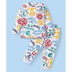 Babyhug Cotton Knit Full Sleeves Night Suit with Text Print - White