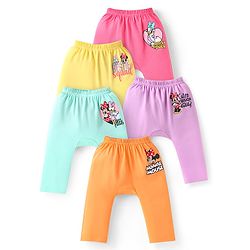 Babyhug Disney Interlock Knit Full Length Minnie Mouse Printed Diaper Leggings Pack of 5 - Orange Pink & Yellow