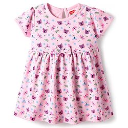 Babyhug Interlock Knit Half Sleeves Frock With Floral & Buttrefly Print & Bow Applique - Pink