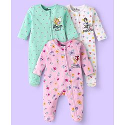 Babyhug Disney Interlock Knit Full Sleeves Footed Sleep Suits with Disney Princess Graphics Pack of 3 - Pink White & Light Green