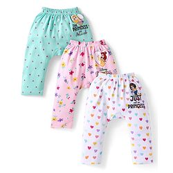 Babyhug Disney Interlock Knit Full Length Diaper Leggings with Disney Princess Print Pack of 3 - Pink White & Blue
