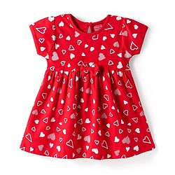 Babyhug Interlock Knit Half Sleeves Heart Printed Frock with Bow Applique - Red