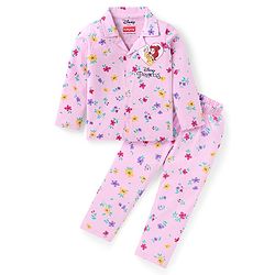 Babyhug Disney Full Sleeves Night Suit with Floral & Disney Princess Print - Pink