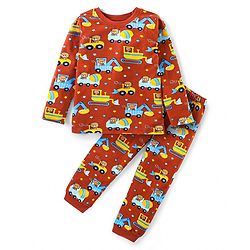 Babyhug Cotton Knit Full Sleeves Night Suit With Teddy & Vehicles Print - Dark Red