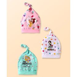 Babyhug Disney Interlock Knit Caps With Disney Princesses Graphics & Knot Detailing Pack of 3 - Blue White & Pink