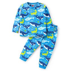 Babyhug Cotton Knit Full Sleeves Night Suit with Whale Print - Blue