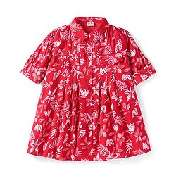 Babyhug Viscose Woven Full Sleeves Floral Printed Collared Frock - Red
